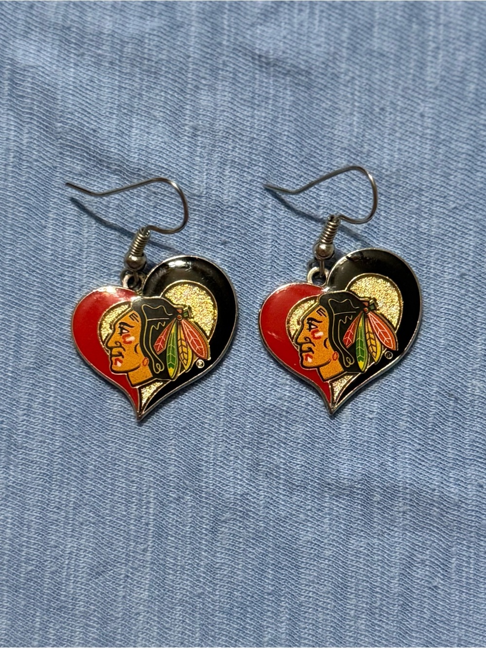 NHL Blackhawk Heart-Shaped Red and Black Dangle Earrings